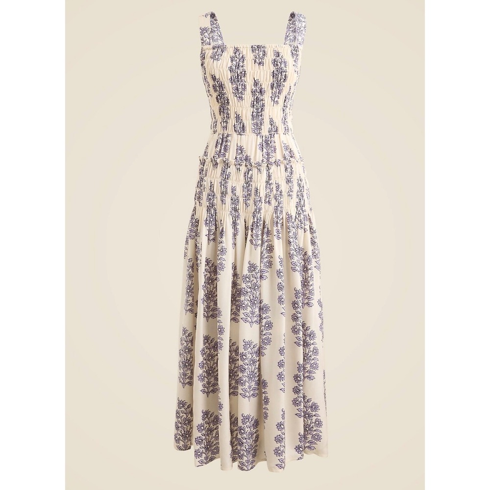 J.Crew Smocked Maxi Dress Purple Floral Block Print Viscose 2X Sleeveless Tiered